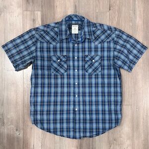 Men's Blue Plaid Short-Sleeve Western Shirt - Casual Button-Up